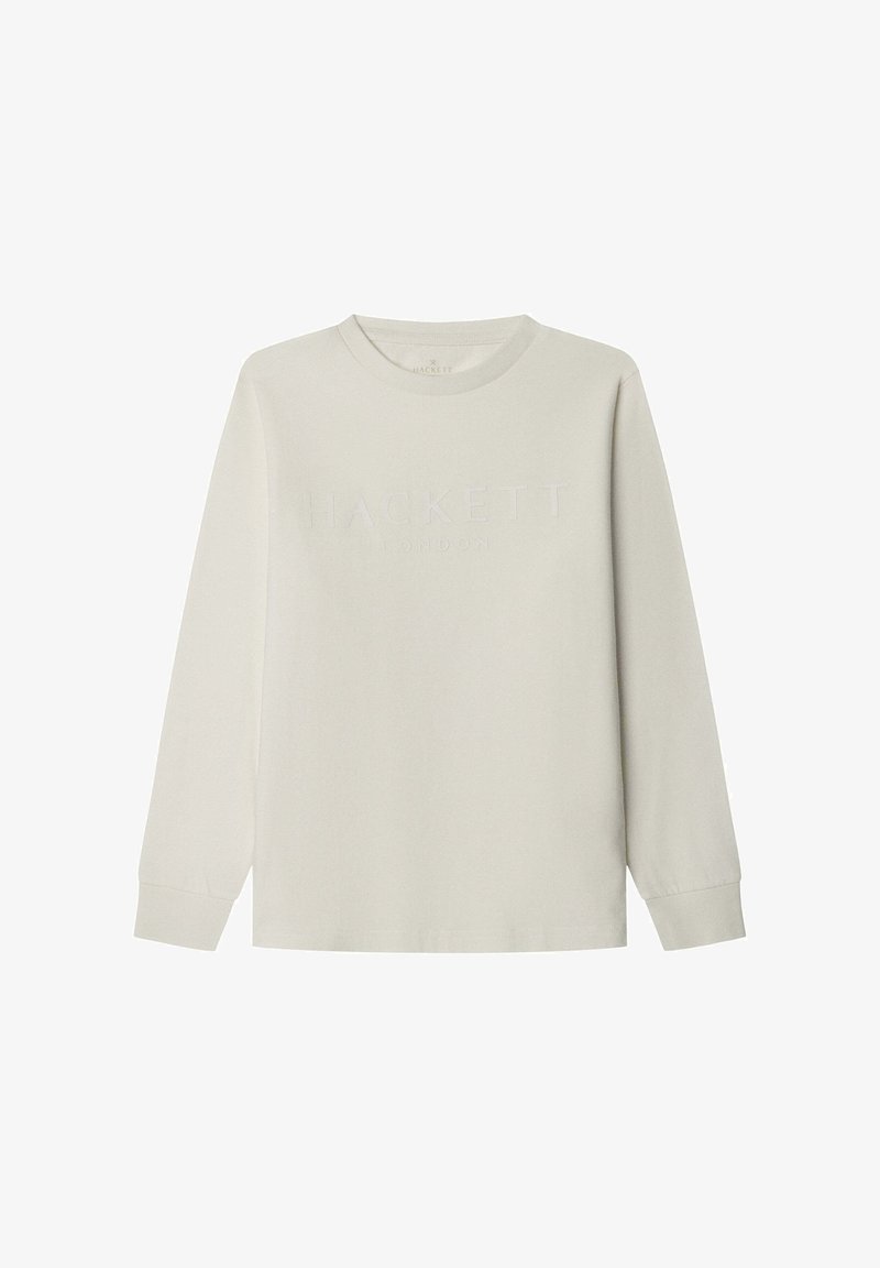 Helle beige Langarm-Crewneck-Sweatshirt mit eingeprägtem "HACKETT LONDON"-Text auf der Brust, gerippten Bündchen und Saum.