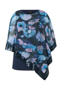 Poncho floreale con fiori blu, rosa e bianchi su uno sfondo scuro. Presenta un orlo nero in paillettes e un tessuto leggero e trasparente.