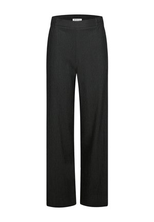 Black wide-leg trousers made from textured fabric, featuring a smooth waistband and no visible fasteners or pockets.