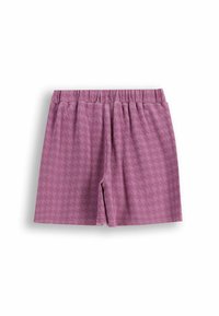 Fioletowe szorty w kratę houndstooth z elastycznym paskiem. Miękka tekstura, casualowy styl, długość do kolan. Brak kieszeni i wyraźnego okucia.