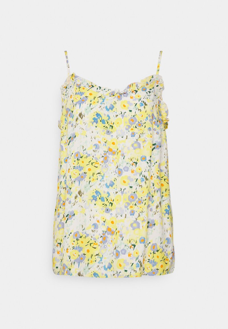 Camisola floral com padrões amarelo, azul e laranja. Tecido leve, bordas com babados e alças finas e ajustáveis. Textura suave.