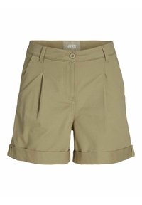 Pantaloni corti khaki in misto cotone, con frontale plissettato, chiusura con bottone e risvolti. Tessuto liscio senza motivi visibili.