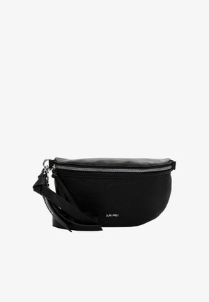 Zwarte crossbodytas met een gestructureerd oppervlak, ritssluiting, verstelbare riem en logodetail. Ronde vorm met een slank profiel.