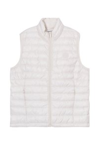 Leichte ärmellose Steppweste in Off-White mit horizontaler Steppung, hohem Kragen, Frontreißverschluss und zwei Seitentaschen.