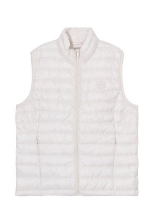 Leichte ärmellose Steppweste in Off-White mit horizontaler Steppung, hohem Kragen, Frontreißverschluss und zwei Seitentaschen.