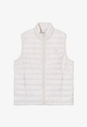 Leichte ärmellose Steppweste in Off-White mit horizontaler Steppung, hohem Kragen, Frontreißverschluss und zwei Seitentaschen.