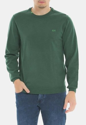 Maglione verde a maglia con scollatura rotonda, maniche lunghe e un piccolo logo turchese sul petto. Texture liscia, vestibilità comoda.