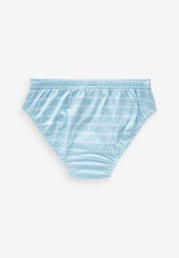 Helle blaue Baumwollunterhose mit horizontalen weißen Streifen, elastischem Bund und gerafften Seiten, mit einer glatten Textur und einfachem Design.