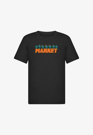Čierne bavlnené tričko s veselými, farebnými kreslenými postavičkami a slovom "MARKET" v tučných oranžových písmenách na hrudi.