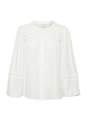 Witte blouse met lange mouwen, ronde halslijn, knoopsluiting aan de voorkant en geplooid ontwerp. Bevat kantdetails op de mouwen en het lijfje.
