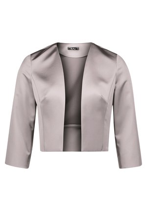 Veste courte à manches courtes en satin taupe, avec une ouverture à l'avant et un design minimaliste, présentant une texture lisse et des lignes épurées.