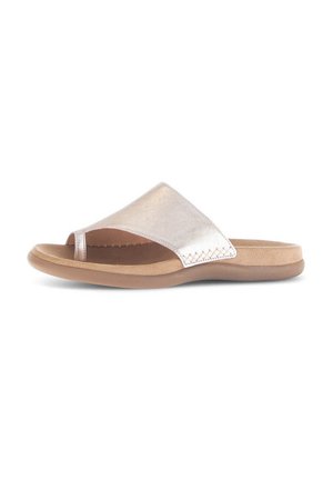 Metallic rose gold slide sandal with a wide top band, open toe, and textured insole. Features a flexible light brown sole.