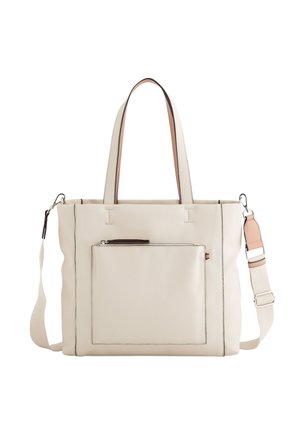 Helle beige Tote-Tasche aus strukturiertem Leder. Verfügt über doppelte Griffe und einen verstellbaren Schultergurt. Enthält eine vordere Reißverschlusstasche.