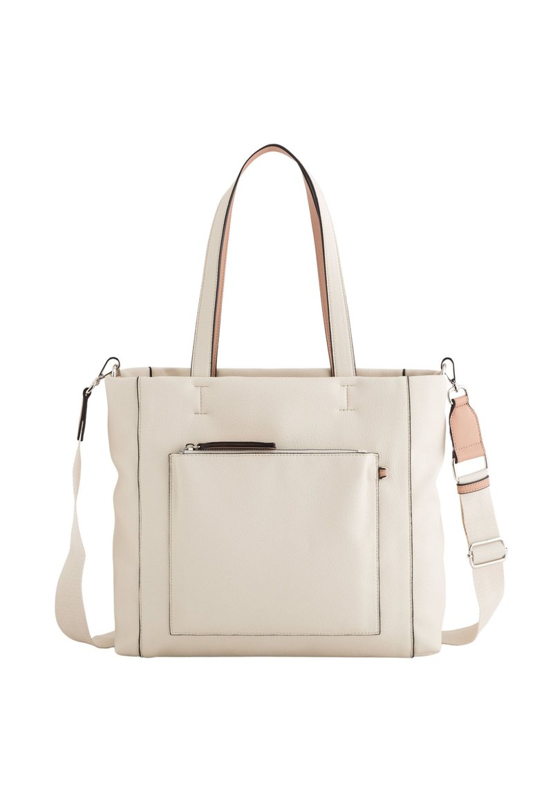 Helle beige Tote-Tasche aus strukturiertem Leder. Verfügt über doppelte Griffe und einen verstellbaren Schultergurt. Enthält eine vordere Reißverschlusstasche.
