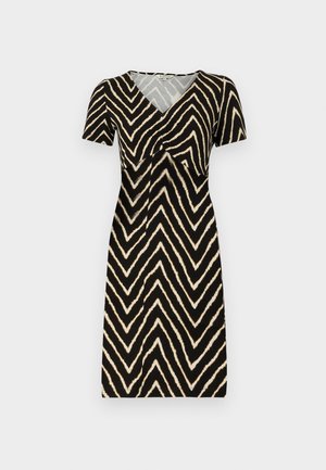 Kratka manga obleka v črni barvi z kremastim cikcak vzorcem, z V-izrezom in nabiranjem na nedrčku, izdelana iz mehkega materiala.