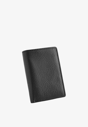 Černá kožená peněženka s texturovaným povrchem, obdélníkovým tvarem a viditelnými švy. Kompaktní design pro snadné nošení.