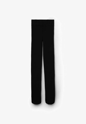 Sorte leggings lavet af et glat, elastisk stof og en bred, elastisk talje. De har et tætsiddende design og lige benåbninger.