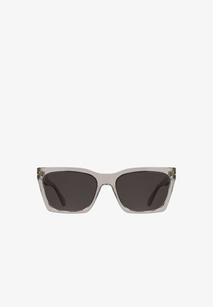 Rechteckige Sonnenbrille mit halbtransparentem grauem Gestell und dunkel getönten Gläsern, von vorne auf weißem Hintergrund dargestellt.
