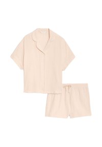 Lichtroze katoenen pyjamapakket met een kortarmige bovenkant met knopen en shorts met elastische tailleband en trekkoord voor een verstelbare pasvorm.
