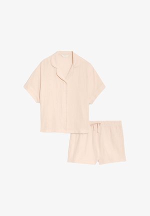Jasnoróżowy zestaw piżamowy z bawełny, składający się z krótkiego rękawa bluzki zapinanej na guziki oraz spodenek na gumce z regulowanym sznurkiem.