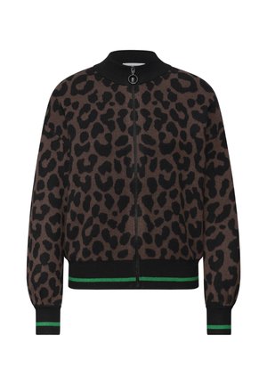Cardigan animalier con stampa leopardata in marrone e nero, con zip frontale, colletto e polsini a coste neri, e dettagli a righe verdi sull'orlo.