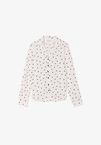 Camisa de botones blanca de manga larga con patrones de corazones negros. Cuenta con un cuello y puños abotonados. Tejido ligero con una textura suave.