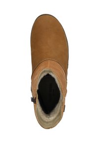 Brązowy skórzany but za kostkę z gładką cholewką, przeszyciami i bocznym zamkiem błyskawicznym. Wnętrze wyłożone miękkim materiałem dla komfortu.