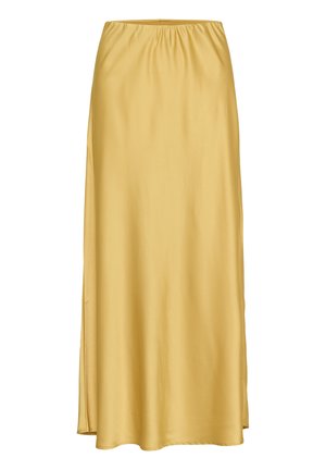 Gelbe Satin-Maxi-Rock mit elastischem Bund und Seitenschlitzen, glatter Textur und fließendem Abschluss.