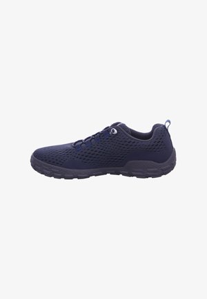 Navy mesh athletic shoe with a textured surface, lightweight design, rubber sole, and reinforced toe cap. Features laces and a pull tab.