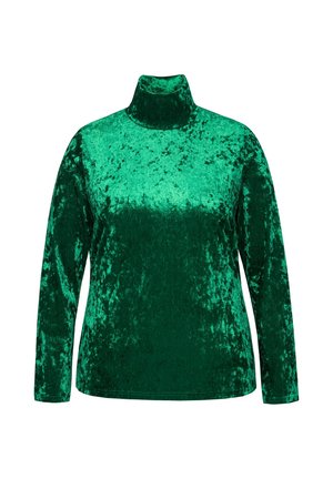Ein grünes, langärmliges Turtleneck-Oberteil aus Samtstoff. Es zeichnet sich durch eine glatte Textur, ein hochgeschlossenes Design und eine lockere Passform aus.