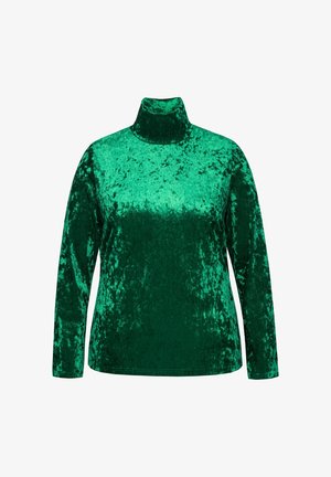 Ein grünes, langärmliges Turtleneck-Oberteil aus Samtstoff. Es zeichnet sich durch eine glatte Textur, ein hochgeschlossenes Design und eine lockere Passform aus.