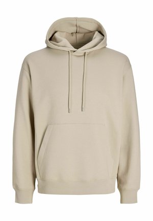 Felpa con cappuccio beige a girocollo con tasca a marsupio frontale, cappuccio con coulisse, maniche lunghe e polsini e orlo a coste.