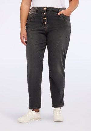 Dunkelgraue Denim-Hosen mit hoher Taille, einem Fünf-Knopf-Verschluss, diagonalen Fronttaschen und dezenten Used-Details.