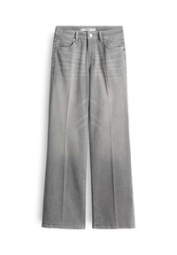 Grijs hoge taille wijde jeans met knoop aan de voorkant, ritssluiting en vijf zakken, plat neergelegd op een witte achtergrond.