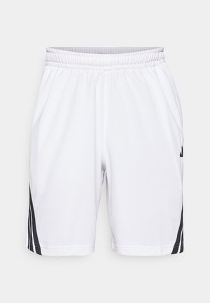 White athletic shorts with an elastic waistband, featuring black side stripes and a smooth fabric texture.