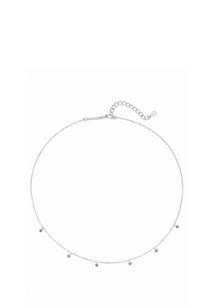 Silver chain necklace with five evenly spaced small green gemstone charms and an adjustable clasp.