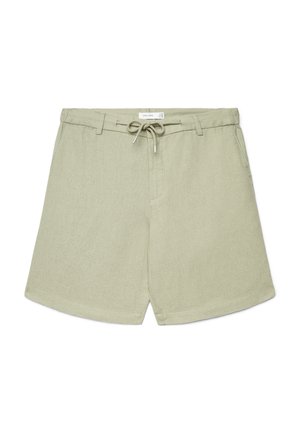 Hellgrüne Freizeithose mit Kordelzugbund, Gürtelschlaufen und seitlichen Taschen, flach liegend auf weißem Hintergrund dargestellt.