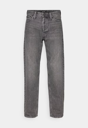 Grå denimjeans med lige pasform, fem lommer og en let slidt tekstur. Har en varemærket livrem og standard hardware.
