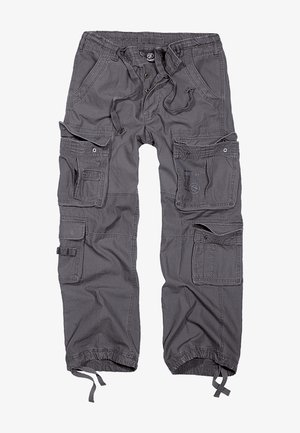 Pelēki kravas bikses ar vairākām kabatām, saņemšanas jostu, pogu aizdari, sašaurinātiem piedurkņu galiem un teksturētu auduma apdari.