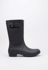 Botte de pluie en caoutchouc noir avec un bout arrondi, finition texturée, détail de boucle ajustable sur le côté et semelle texturée pour une meilleure adhérence.