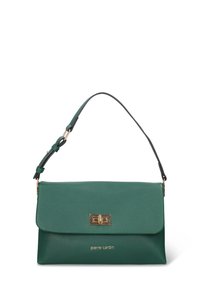 Borsa a tracolla in pelle verde con trama, cinturino regolabile, chiusura a girello dorata e logo "pierre cardin" al centro davanti.
