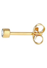 Boucle d'oreille en or avec une gemme claire et ronde à une extrémité et un design enroulé à l'autre extrémité. Fini lisse et poli.