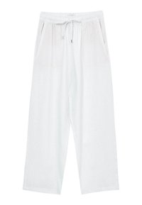 Pantalons larges en lin blanc avec une taille élastique, détail de cordon de serrage et poches latérales ; tissu léger avec une texture lisse.