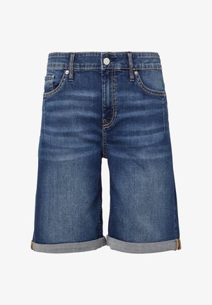 Donkerblauwe denim shorts met een verouderde afwerking, opgerolde manchetten, vijf zakken en een sluiting met een knoop aan de voorkant.