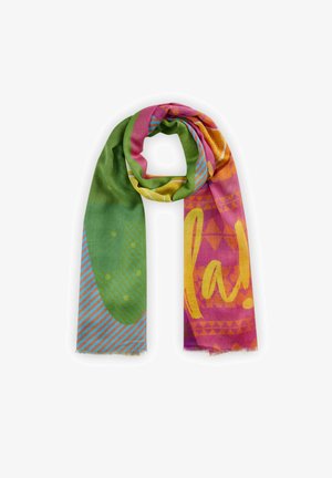 Kleurige sjaal met groene, roze en gele tinten, versierd met geometrische patronen, strepen en een grote "Ha!" tekstontwerp. Zacht, lichtgewicht stof.