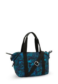 Multifarvet skuldertaske med et blåt og sort abstrakt mønster, sorte tekstilremme, lynlåslukning og holdbar fabric konstruktion.