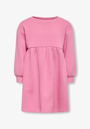 Pink cotton dress with long sleeves, round neck, and gathered waistline, featuring a soft texture and smooth finish.