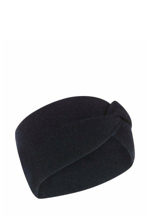 Zwarte gebreide hoofdband met een gedraaide ontwerp aan de voorkant, met een zachte textuur en brede vorm, geschikt voor haarstyling of warmte.