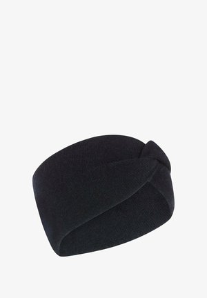 Zwarte gebreide hoofdband met een gedraaide ontwerp aan de voorkant, met een zachte textuur en brede vorm, geschikt voor haarstyling of warmte.