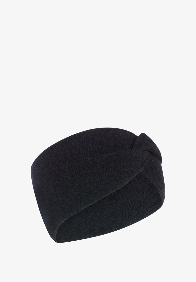 Zwarte gebreide hoofdband met een gedraaide ontwerp aan de voorkant, met een zachte textuur en brede vorm, geschikt voor haarstyling of warmte.